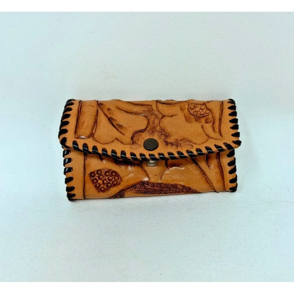 Vintage Hand Tooled Leather Key Holder Case 6 Hook Floral Western Brown Wallet